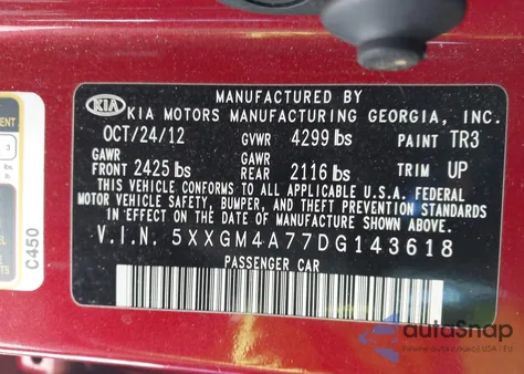 2013 Kia Optima Lx from USA, damaged, VIN 5XXGM4A77DG143618